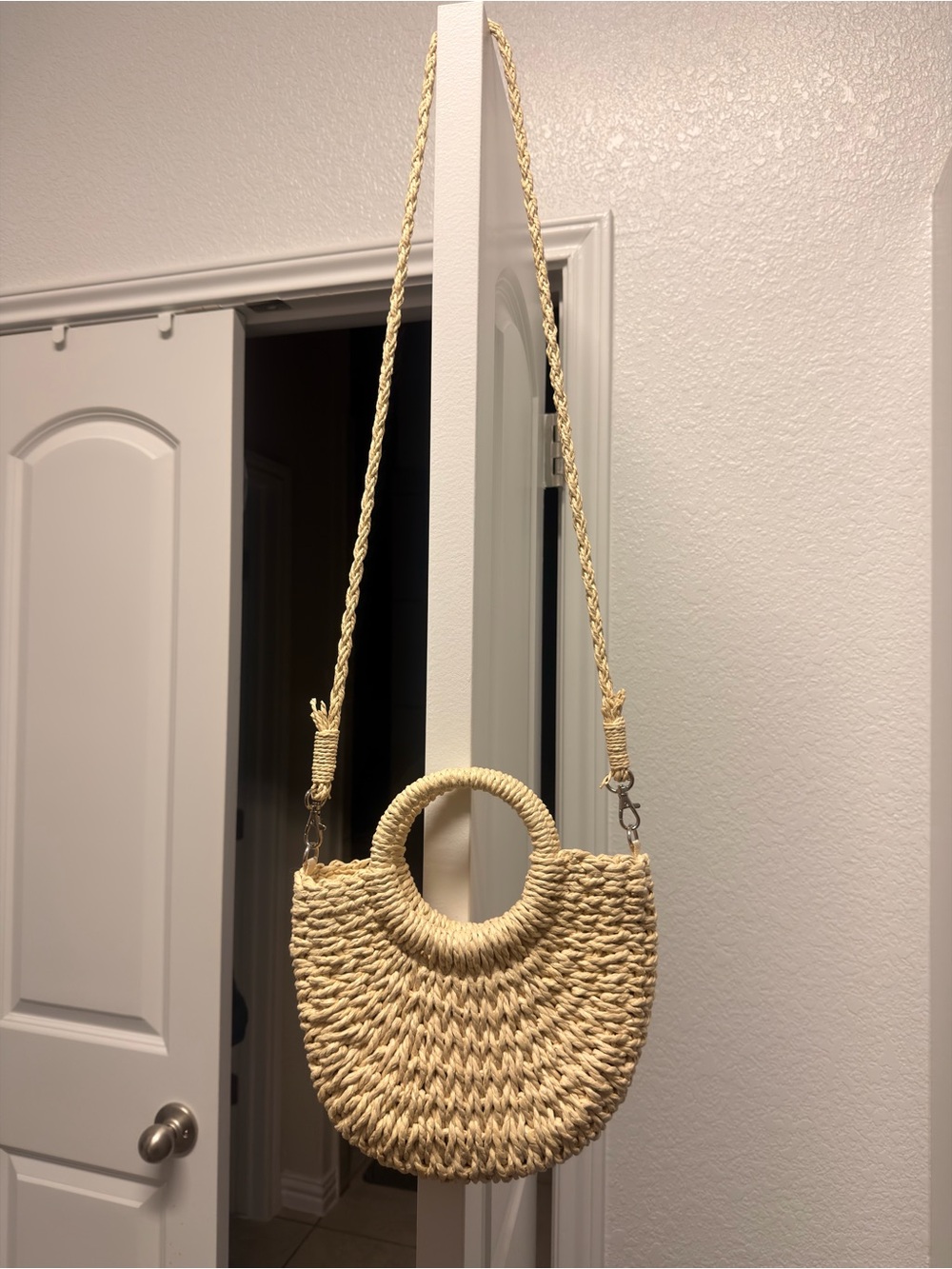 Woven Straw Circle Handle Crossbody Bag in Natural